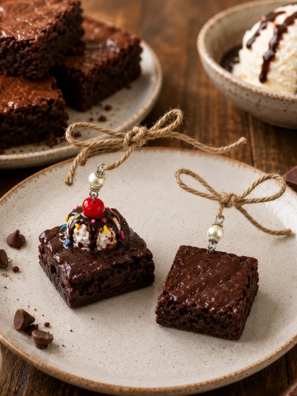 Brownie & Brownie à la Mode Ornament | Handmade Chocolate Dessert Kitchen Decor
